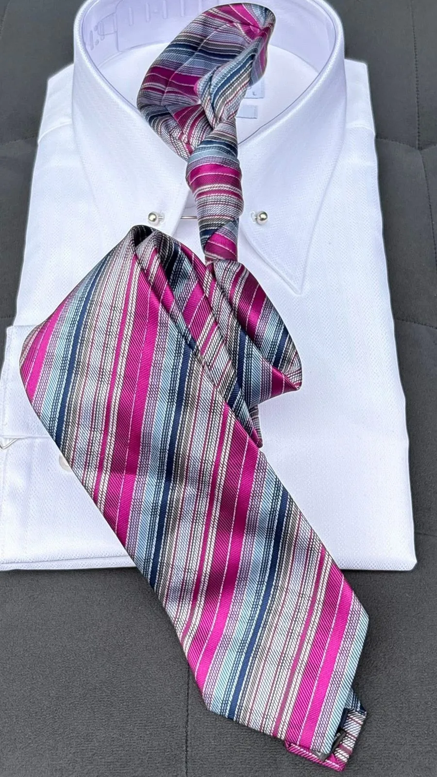 Magenta multistripe silk tie with pocket square — Ties and Accessories
